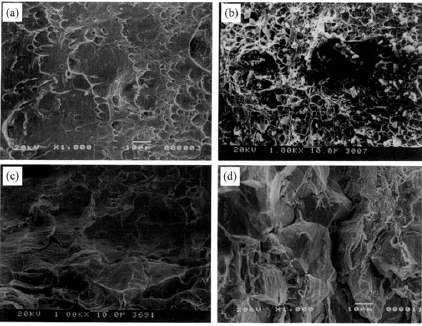 Fracture surfaces of Alloy 600 with test environments: (a) air, room temperature, (b) deaerated water, 250oC (c) air saturated water, 360oC (d) deaerated water, 360oC.