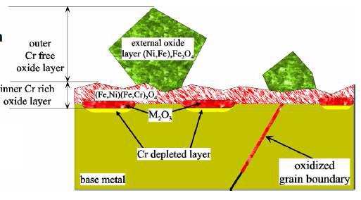 Diagram explaining oxidation behavior of Alloy 600 at the grain boundary and the surface during exposure to high temperature water of 360oC.