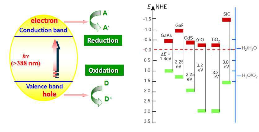 왼쪽은 valence band의 전자가 빛을 받아서 conduction band로 여기 되고, 생성된 전자와 홀이 화학 반응을 일으키는 모식도, 오른쪽은 대표적인 반도체 특성을 보이는 물질의 밴드 갭과 에너지 준위