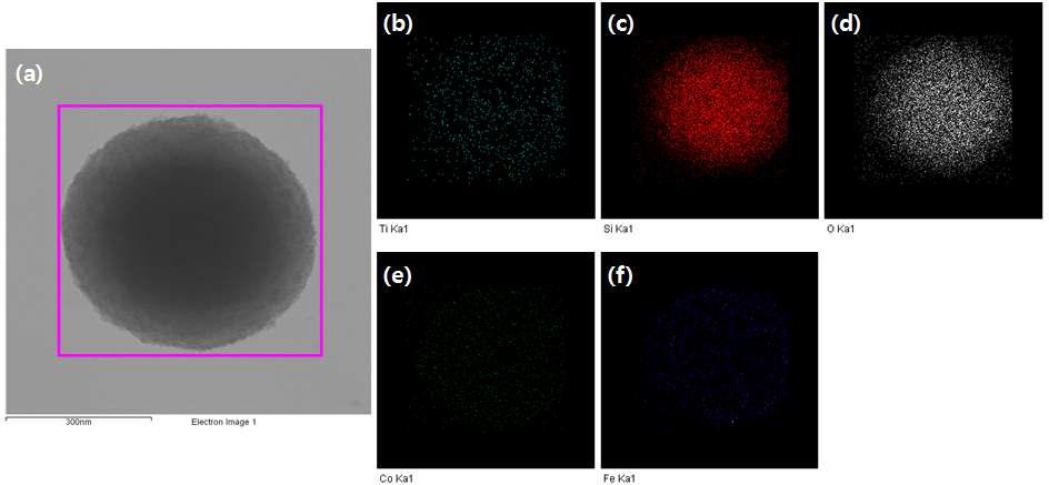 TiO2/CoFe2O4/SiO2 입자를 TEM의 elemental mapping 기능을 이용해서 얻은 원소별 분포도 사진.