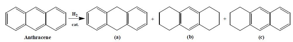 귀금속 촉매를 이용한 anthracene의 환원반응으로 나올 수 있는 가능한 세 가지 생성물의 구조식