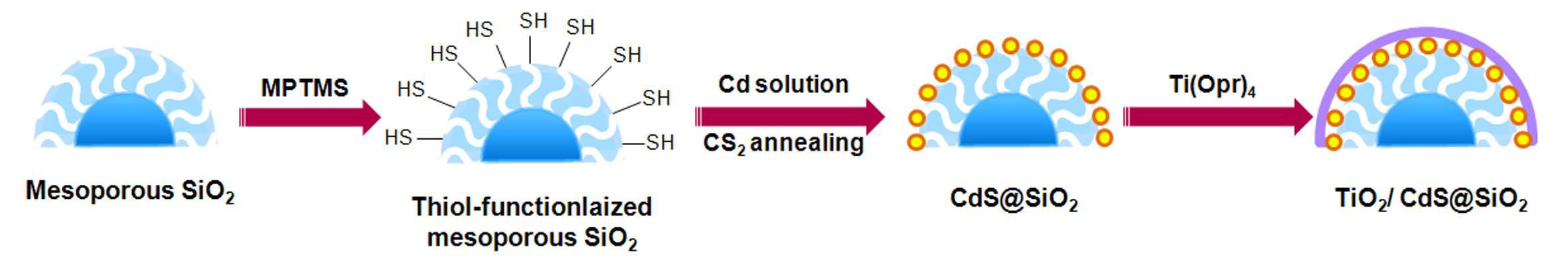 반구로 표시한 TiO2/CdS@SiO2 광촉매를 만드는 모식도.