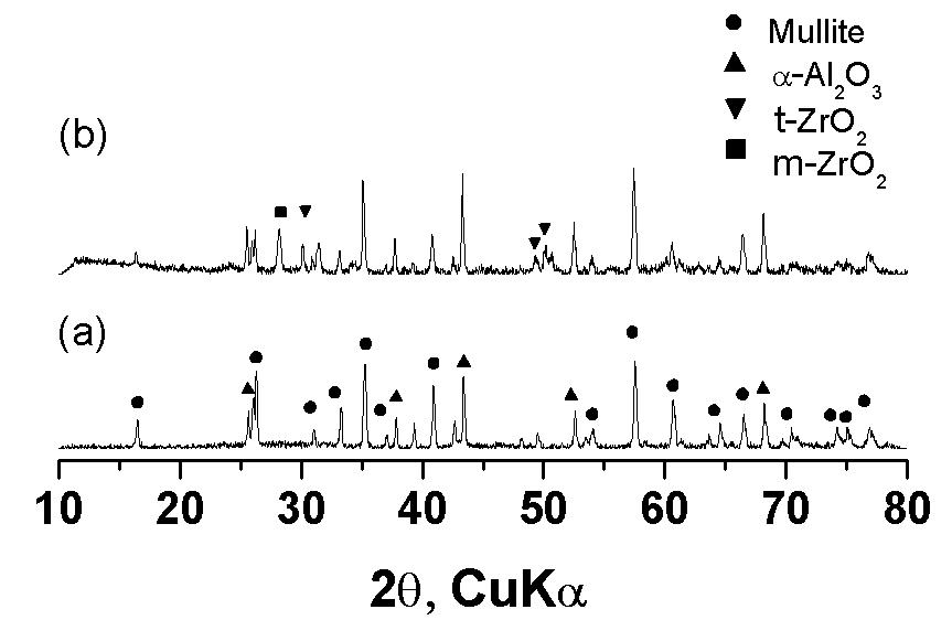 XRD patterns of freeze cast material sintered at 1400o C for 2 h (a) without and (b) with an addition of 10 wt% 3YZ powder.