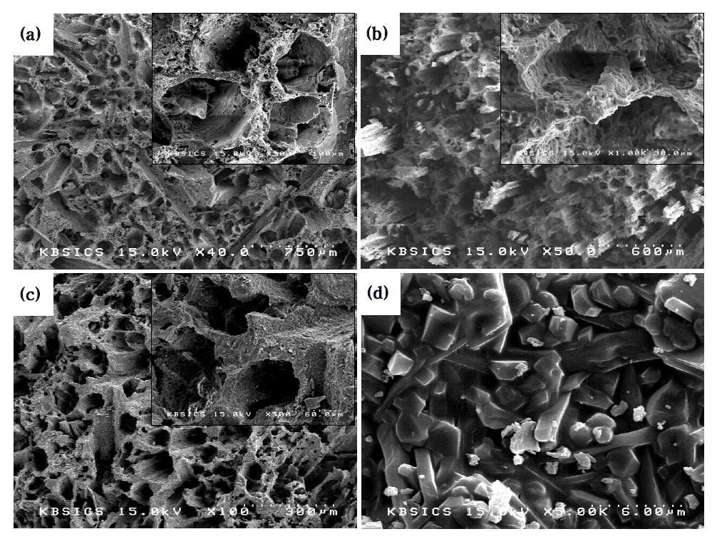 SEM micrographs of cross sections perpendicular to the macroscopic TBA ice growth direction; sintered at (a) 1300, (b) 1400, and (c) 1500o C for 2 h with starting Al2O3/SiO2 (molar ratio) = 1.5 and 50 wt.% solid loading: (a) top part, (b) middle part, (c) bottom part and (d) strut structure.