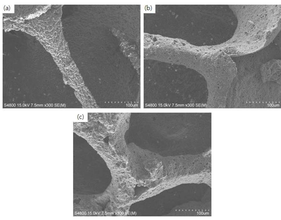 SEM micrographs of struts of porous mullite obtained after sintering at 1400℃ for 2h with (a) 50, (b) 60 and (c) 70 wt.% starting solid loading.