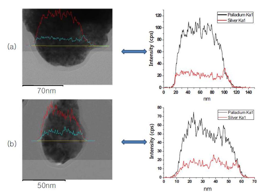 (a)(b) STEM image를 통해 얻은 nanoparticle alloy 내의 Pd와 Ag의 Atomic percentage