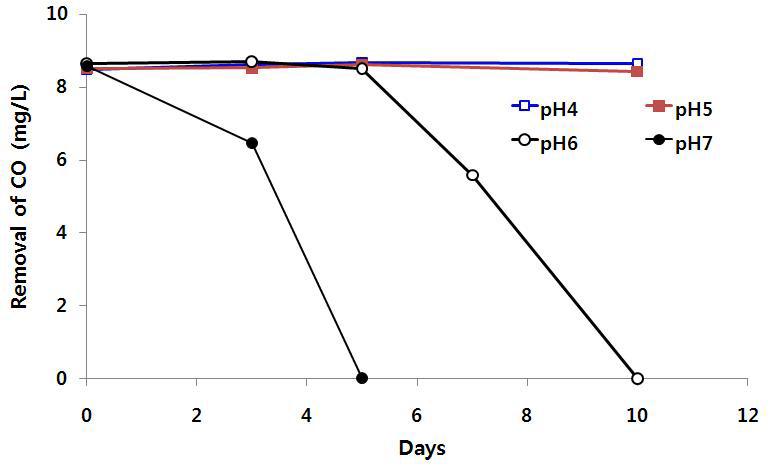 계대배양체의 CO 발효에 미치는 pH의 영향