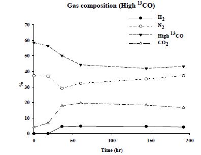 High 13CO를 주입한 액체배지의 상대적인 가스조성 변화