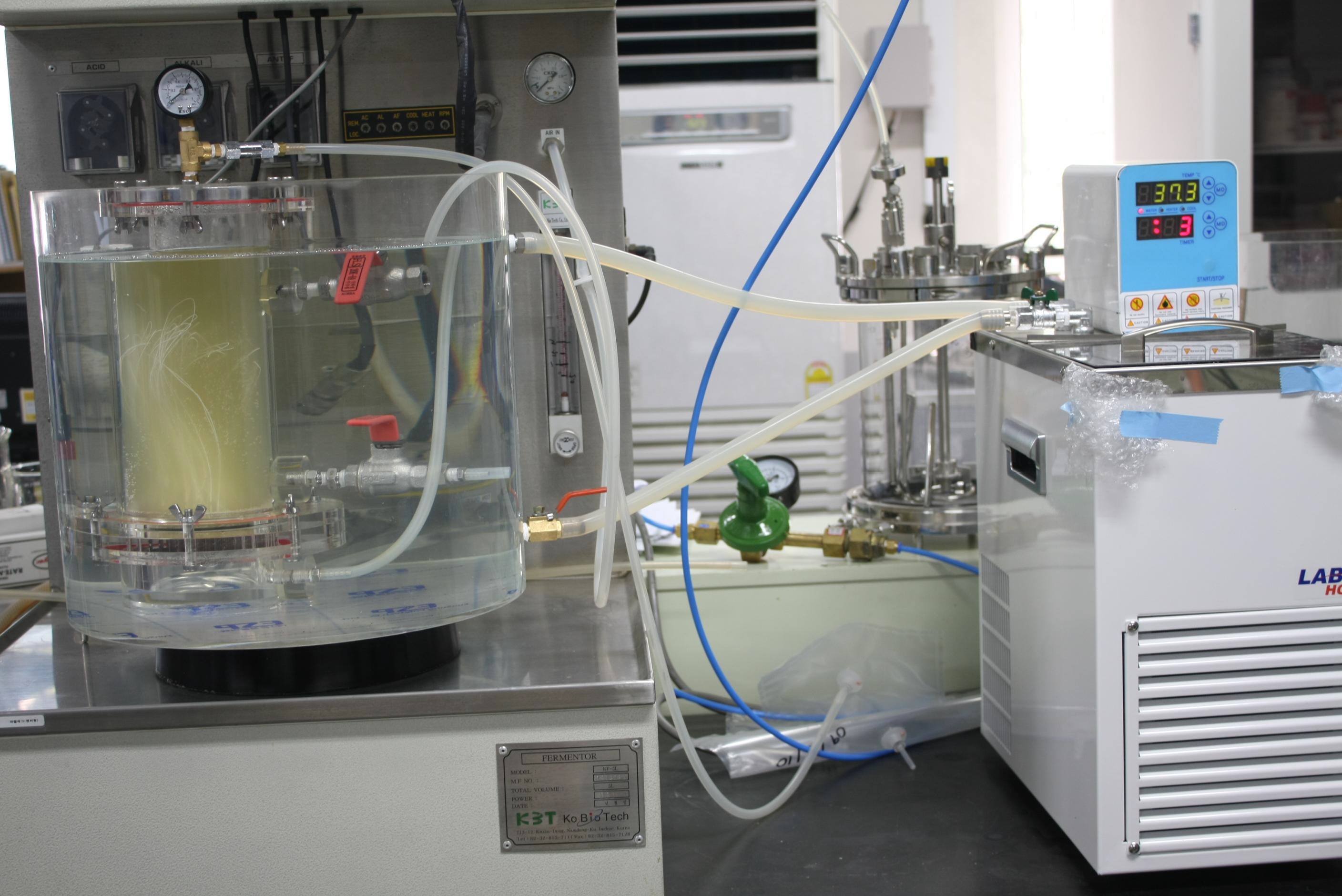 본 연구에 사용된 hollow fiber membrane bioreactor 및 항온조.