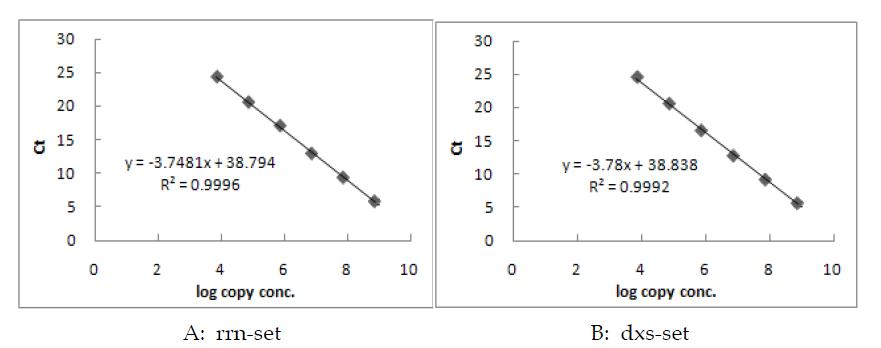 rrn-set과 dxs-set의 QPCR standard curve