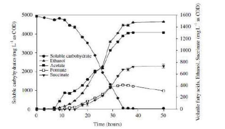 기질 농도의 시간에 따른 변화(용해성 탄수화물)와 Aeromonas hydrophila에 의한 glucose 발효에서의 대사 최종 생성물(VFA, 에탄올, 숙신산)의 형성