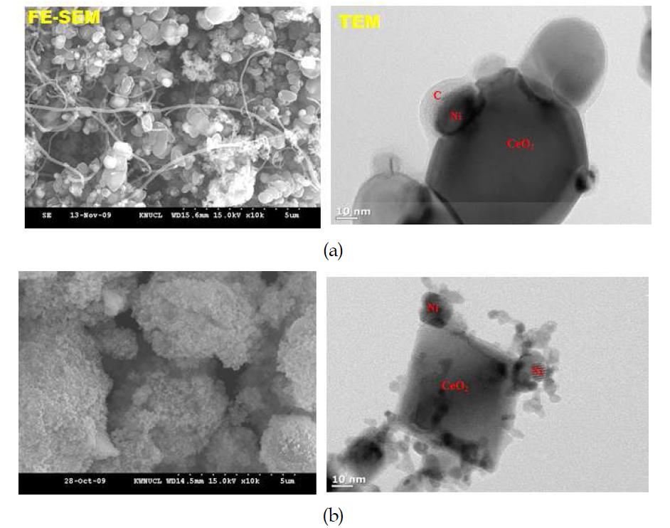 합성된 Ni-CeO2 복합 나노 분말의 (a) 750 ℃, (b) 550 ℃ 24시간 메탄부분산화 실험 후, FE-SEM 및 TEM 이미지