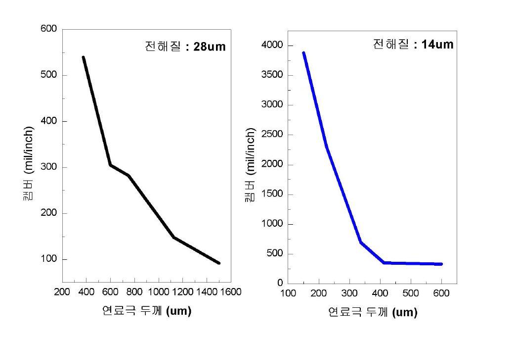 전해질, 연료극 두께별 캠버 경향 비교