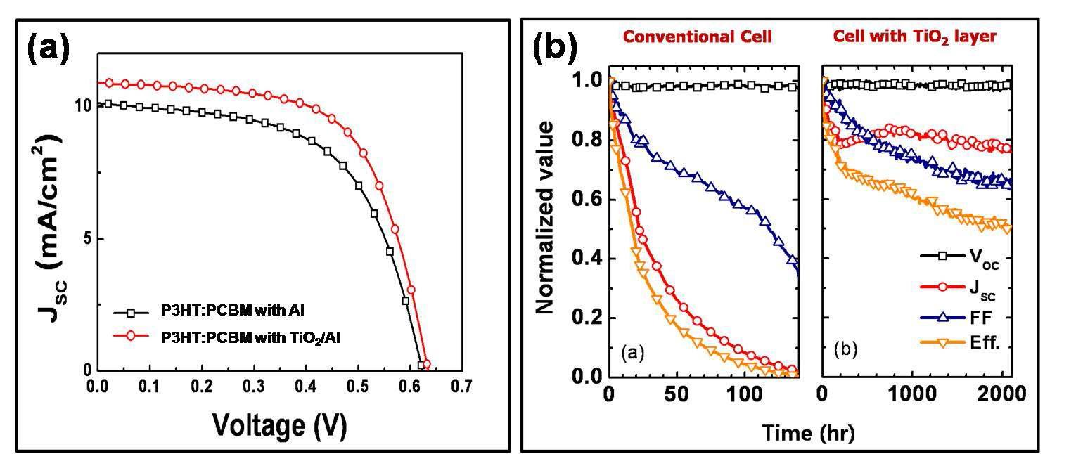 (a) TiO2 중간층의 유무에 따른 폴리머 태양전지의 J-V 곡선.(b) TiO2 중간층의 유무에 따른 폴리머 태양전지의 장기안정성 측정 결과.