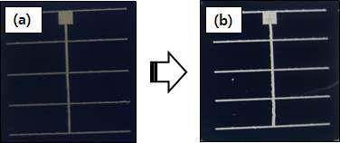 잉크젯 프린팅을 이용하여 제조된 실리콘 태양전지 (1×1 cm cell). (a) seed layer 전극, (b) 도금 후 전극.