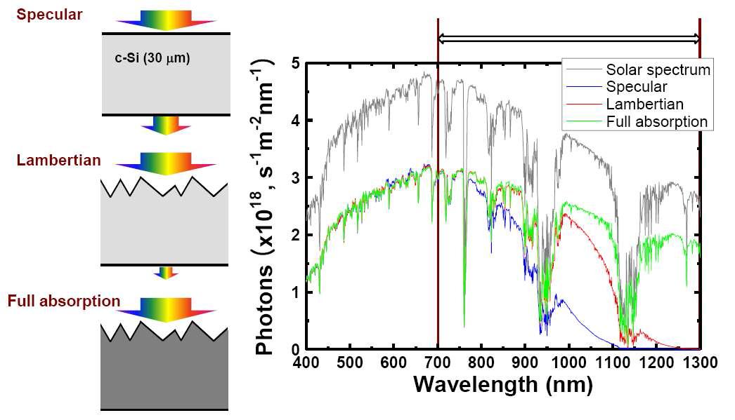 Specular 및 Lambertian 구조에 있어서의 Si 기판의 광 흡수 스펙트럼
