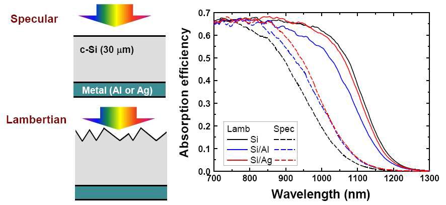 Specular 및 Lambertian 구조에 있어서 하부 금속 전극층의 종류에 따른 광 흡수효율 비교
