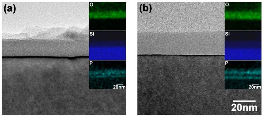 Phosphorus Dopant Paste 스크린 인쇄 후 900℃ 10분간 각각 (a) O2 1LPM (b) 5LPM의 유량에서 열처리 후 PSG 박막의 TEM, STEM EDX-mapping