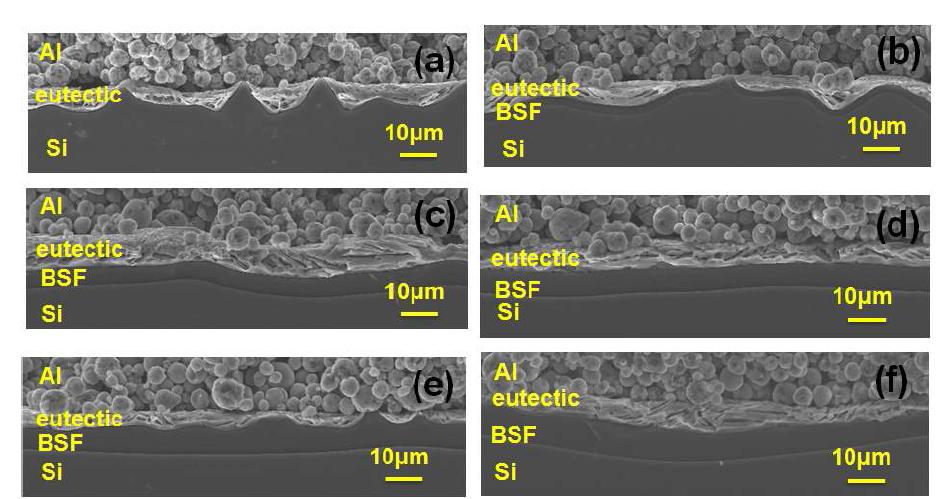 피크 소성 온도를 변화시키며 소성한 샘플의 SEM 단면 형상(a) 647 °C, (b) 700 °C, (c) 755 °C (d) 796 °C, (e) 842 °C (f) 875 °C