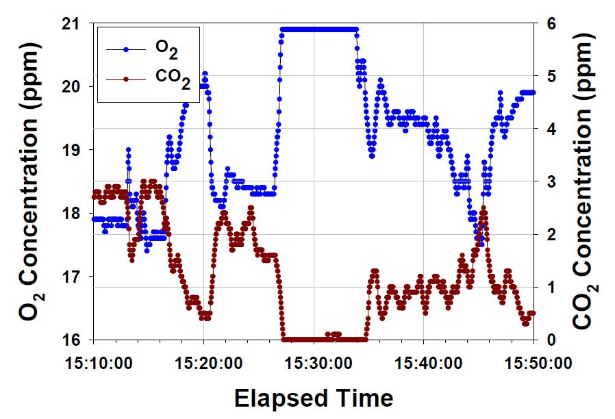 연소가스 비혼합 연소의 O2 및 CO2 측정결과 (슬러지 연료)