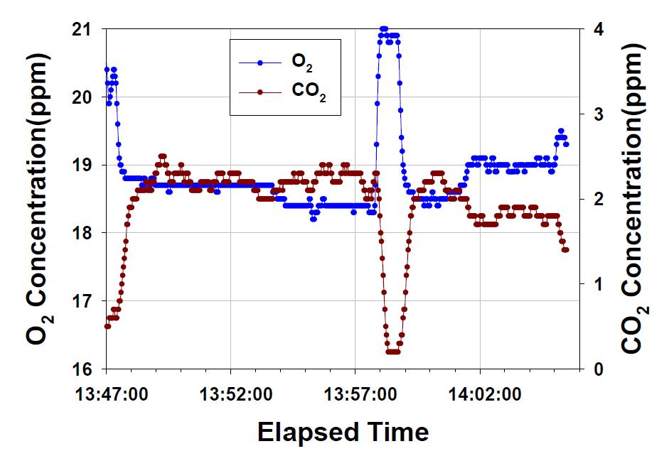 고온 FGR적용 연소 시 O2 및 CO2 측정결과 (슬러지 연료)