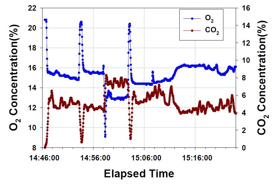고온 FGR적용 연소 시 O2 및 CO2 측정결과 (슬러지 연료)