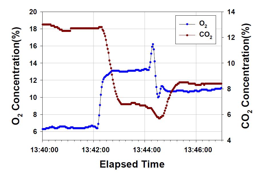 시작품 운전 시 O2 및 CO2 측정결과 (미분탄 연료)