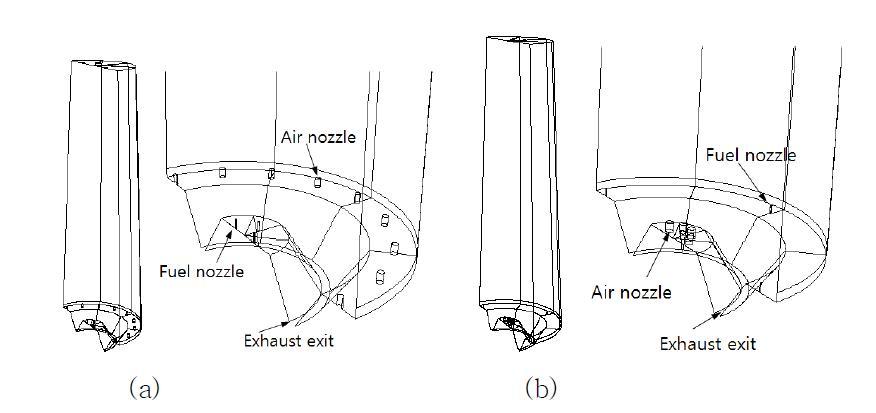 Schematic configuration of MILD combustors (a) fuel nozzle location : near center and air nozzle location : near outside wall, (b) fuel nozzle location : near outside wall and air nozzle location : near center.