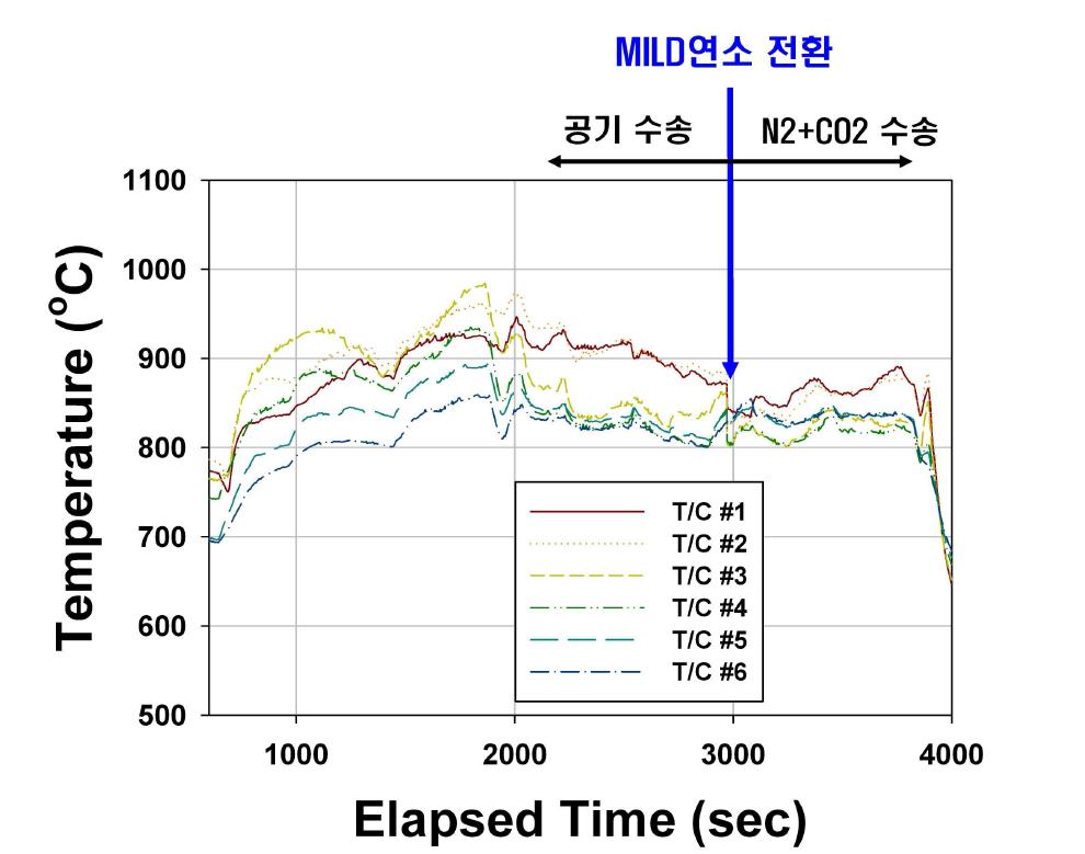 MILD 연소 전환 시의 온도 분포의 변화-1 (톱밥)