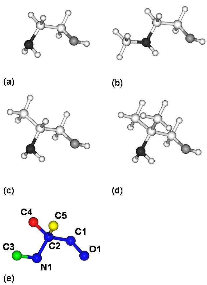 최종 optimized 분자구조: (a) MEA (b) MAE (c) 2A1P (d) AMP (e) 네 화합물의 중첩(aligned) 구조 (수소원자 생략)