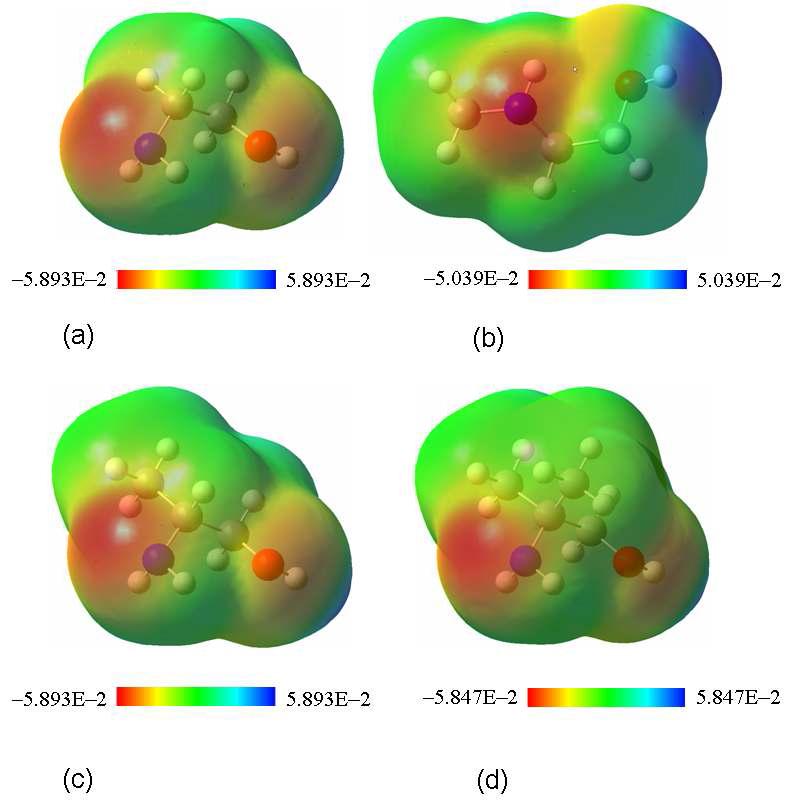 알칸올 아민 흡수제의 ESP-mapped 전자밀도: (a) MEA (b) MAE (c) 2A1P (d) AMP. 등전자 밀도: 0.004 e/Bohr3.