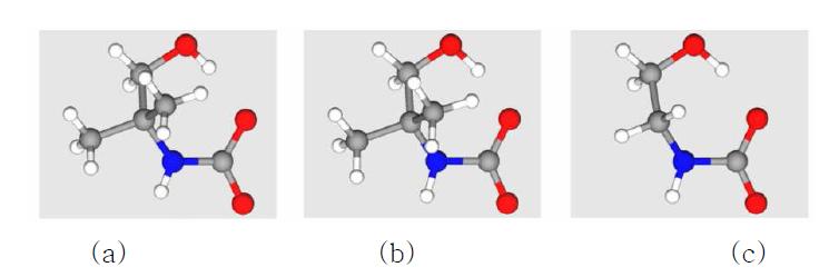 아민카바메이트의 단결정 및 DFT계산 분자구조: (a) AMP_carb (단결정),