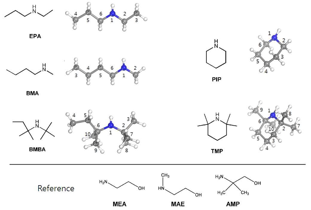 고리형 및 사슬형 아민화합물의 분자구조