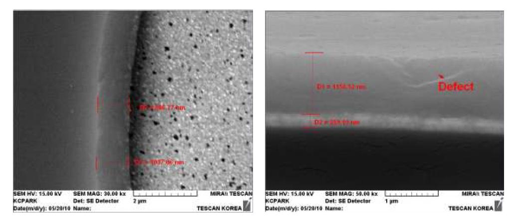변색된 반사판 표면(왼쪽)과 단면(오른쪽) SEM 이미지