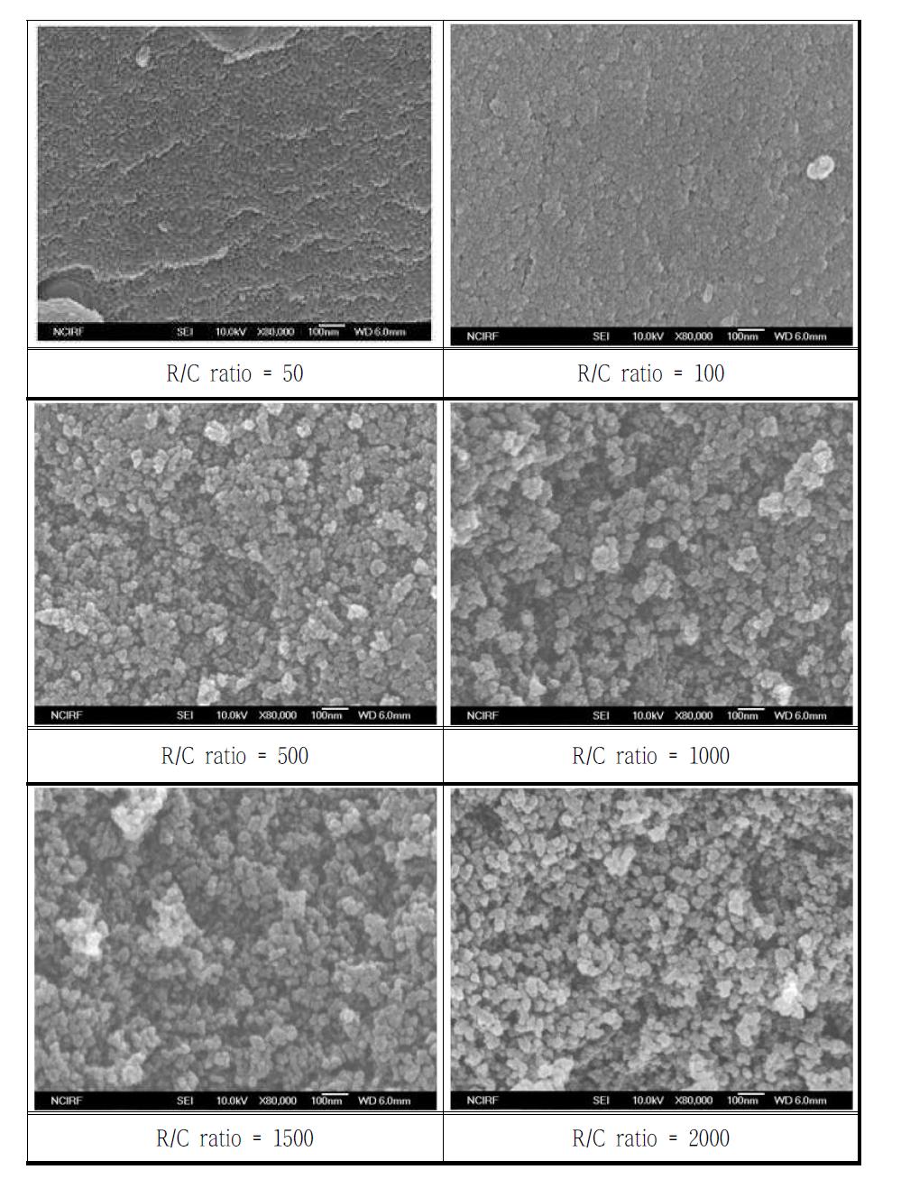 각각의 R/C ratio carbon aerogel의 FE-SEM 이미지