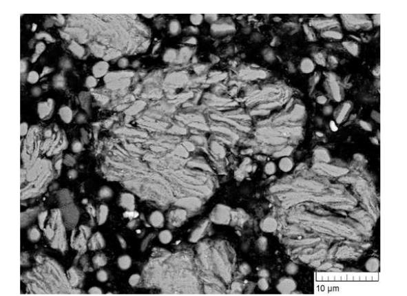200rpm으로 5시간 동안 밀링된 Ag-10wt%SnO2-2wt%Bi2O 분말의 후방산란전자 주사전자현미경 미세조직