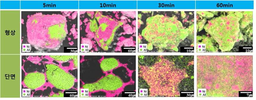 밀링시간에 따른 Al-20Si 분말의 합금화 과정의 EDX 분석