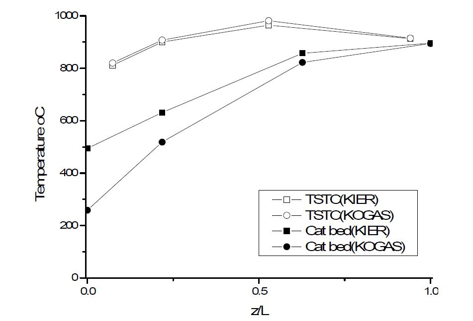 리포머 튜브 표면 온도 및 촉매층 온도 분포 비교
