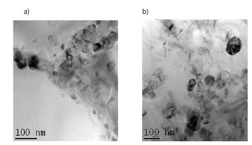 a) Mg2Si0.4Ge0.6 와 b) Mg2Si0.6Ge0.4 화합물의 투과전자현미경 조직사진