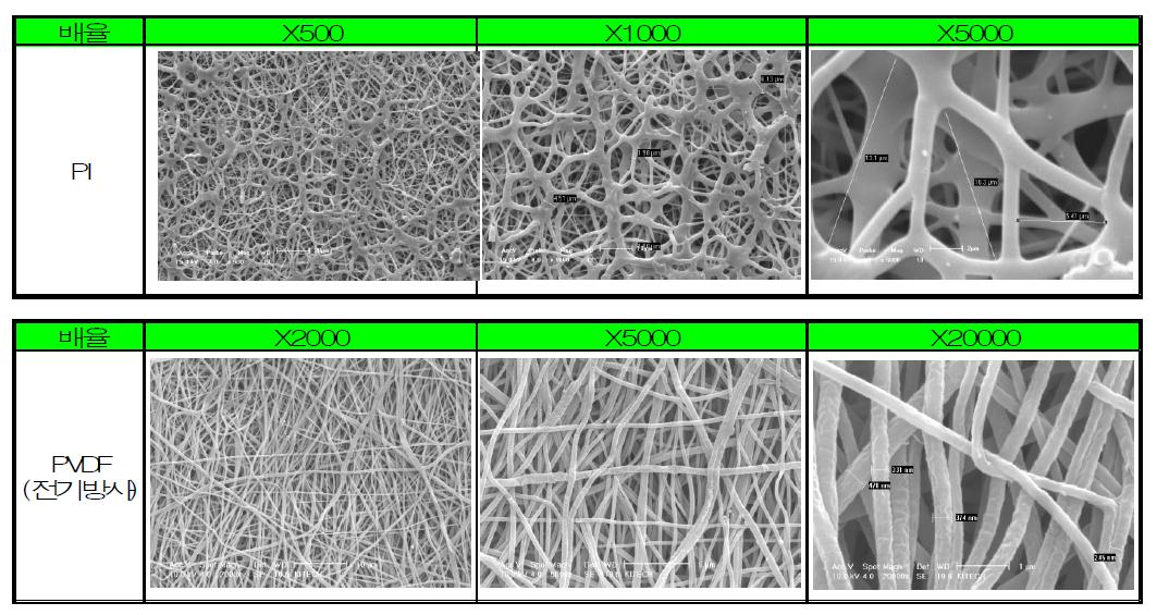 전기방사를 한 PVDF와 PI 웹의 SEM 이미지