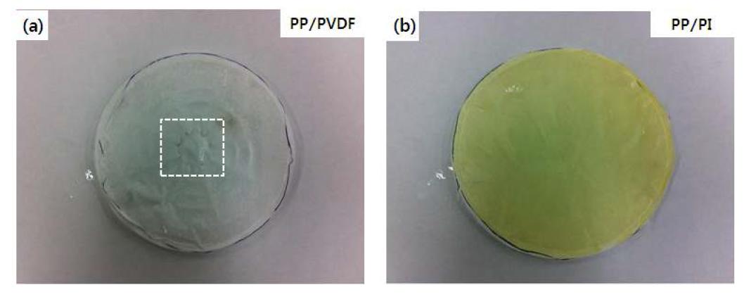 복합여재 시편; (a) PP / PVDF, (b) PP / PI