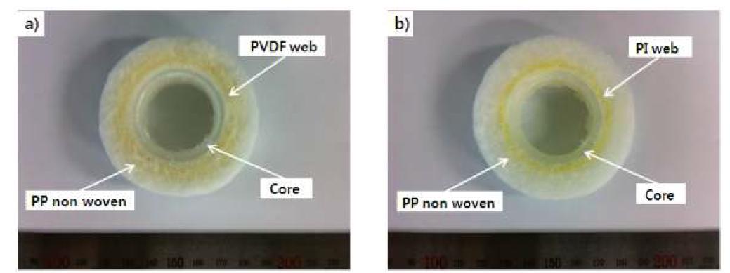 멜트블로운/나노섬유 복합여재 시제품의 단면 ; a) PVDF 필터, b) PI 필터