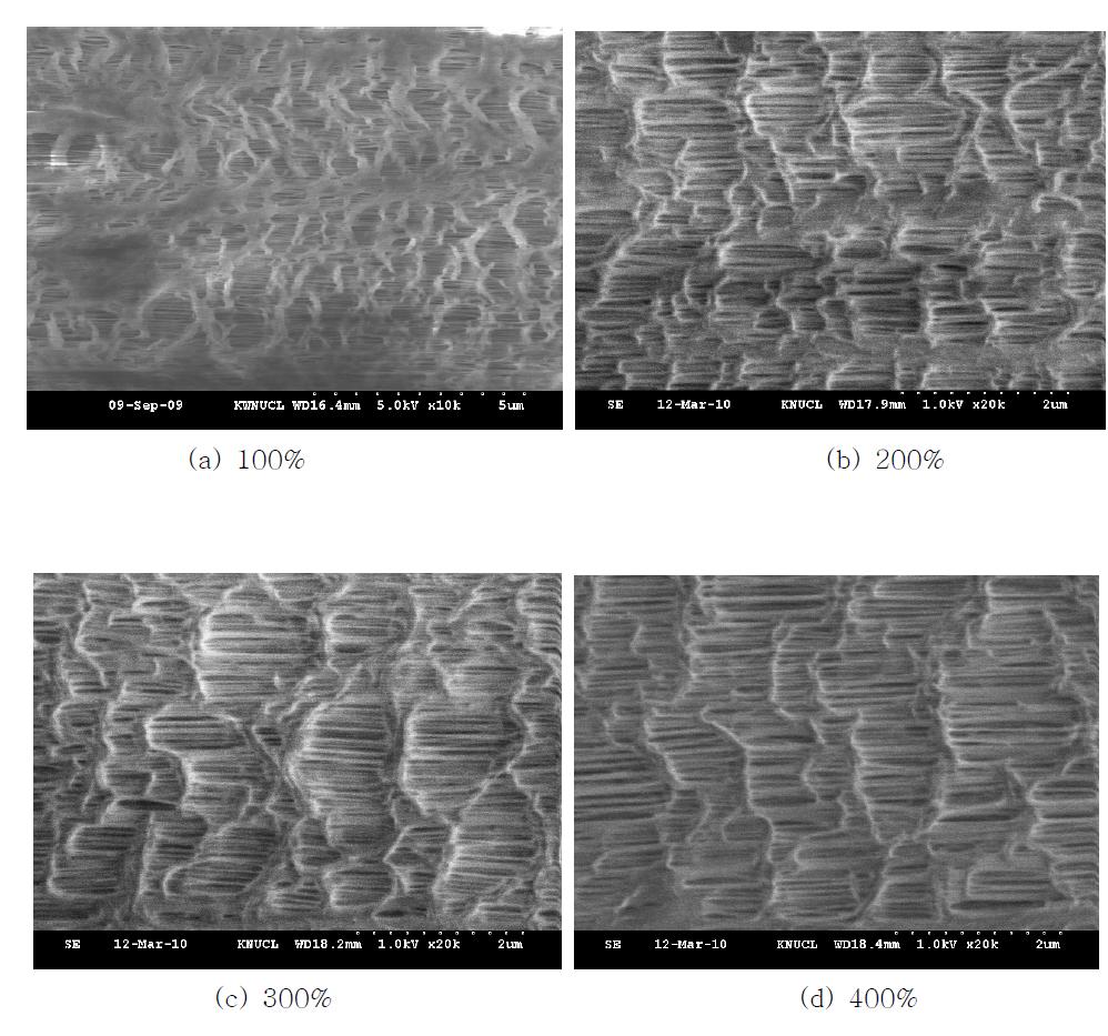 고온 연신비에 따른 분리막의 기공구조 변화