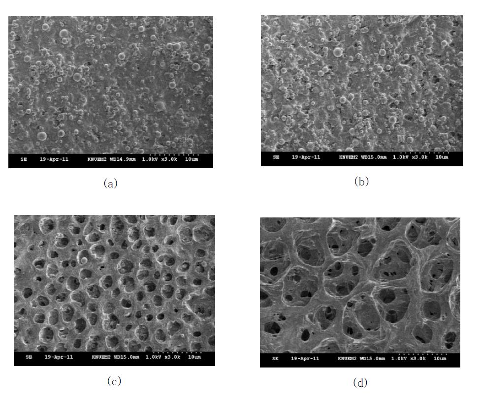 비용매(물) 함량변화에 따른 Silica/PVdF-HFP (30/70) 세라믹 코팅층의 기공변화