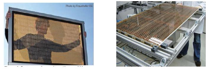 대형 염료감응 태양전지 모듈 (좌) 과 스크린 인쇄 공정 (우) 이미지 (참고: Photo by Fraunhofer ISE)