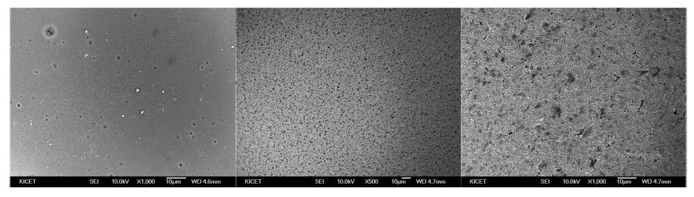 전사인쇄법을 이용한 후막형성 표면 SEM 사진. (a) TiO2, (b) Ag, (c) Glass frit.