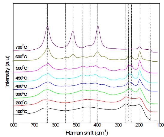 소결온도에 따른 TiO2 나노 와이어의 FT-IR (top) and Raman (bottom) 스팩트럼