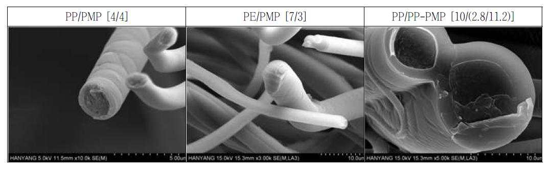 멜트블로운 방사 조건에 따른 섬유단면 전자현미경(SEM) 사진