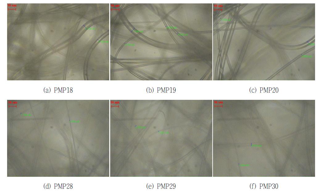PMP 조건 변화에 따른 부직포의 현미경 이미지