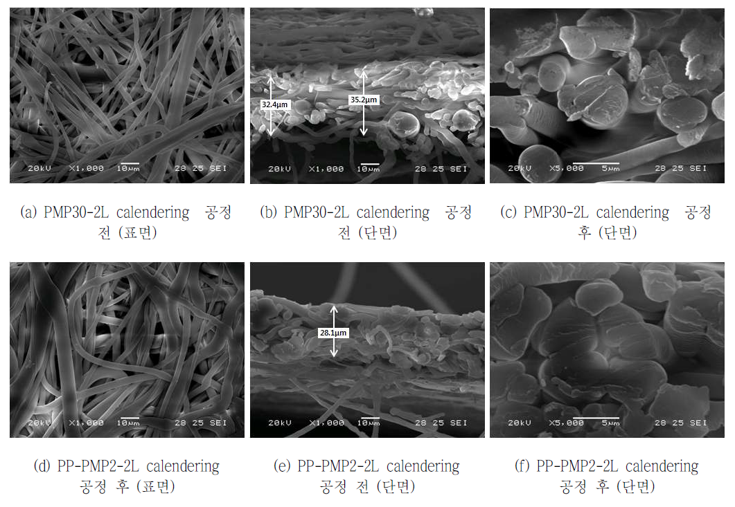 PMP30과 PP-PMP2의 calendering 전/후 표면 및 단면 사진